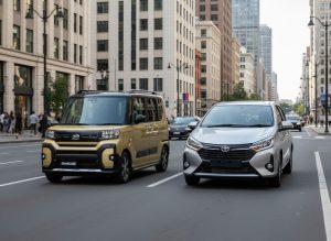 LCGC dan Kei Car berdampingan di jalan perkotaan