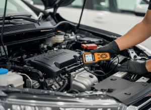 Cara kerja jasa inspeksi mobil menggunakan alat scanner OBD2 untuk mengecek mesin