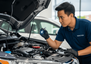 Seorang profesional dari jasa inspeksi mobil sedang memeriksa kondisi mesin mobil bekas