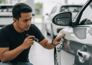 Seorang pria sedang mengecek bodi mobil, salah satu tips membeli mobil bekas agar tidak tertipu