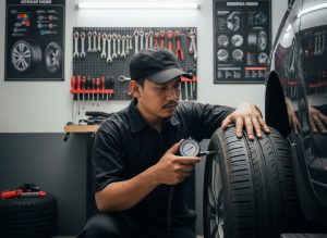 Seorang mekanik mobil Indonesia sedang Periksa Tekanan dan Kondisi Ban
