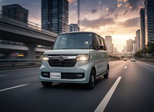 Tampilan depan Honda N-Box Joy berwarna hijau dengan lampu bulat ikonik