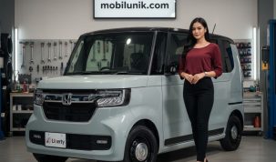 Tampilan depan Honda N-Box Joy berwarna hijau dengan lampu bulat ikonik