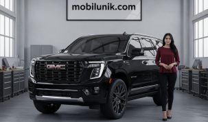 Tampilan gagah GMC Yukon Denali 2025 berwarna hitam metalik dengan lampu DRL menyala, diparkir di sebuah showroom mobil mewah di Indonesia.
