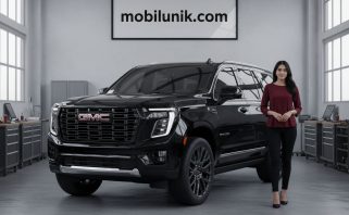 Tampilan gagah GMC Yukon Denali 2025 berwarna hitam metalik dengan lampu DRL menyala, diparkir di sebuah showroom mobil mewah di Indonesia.