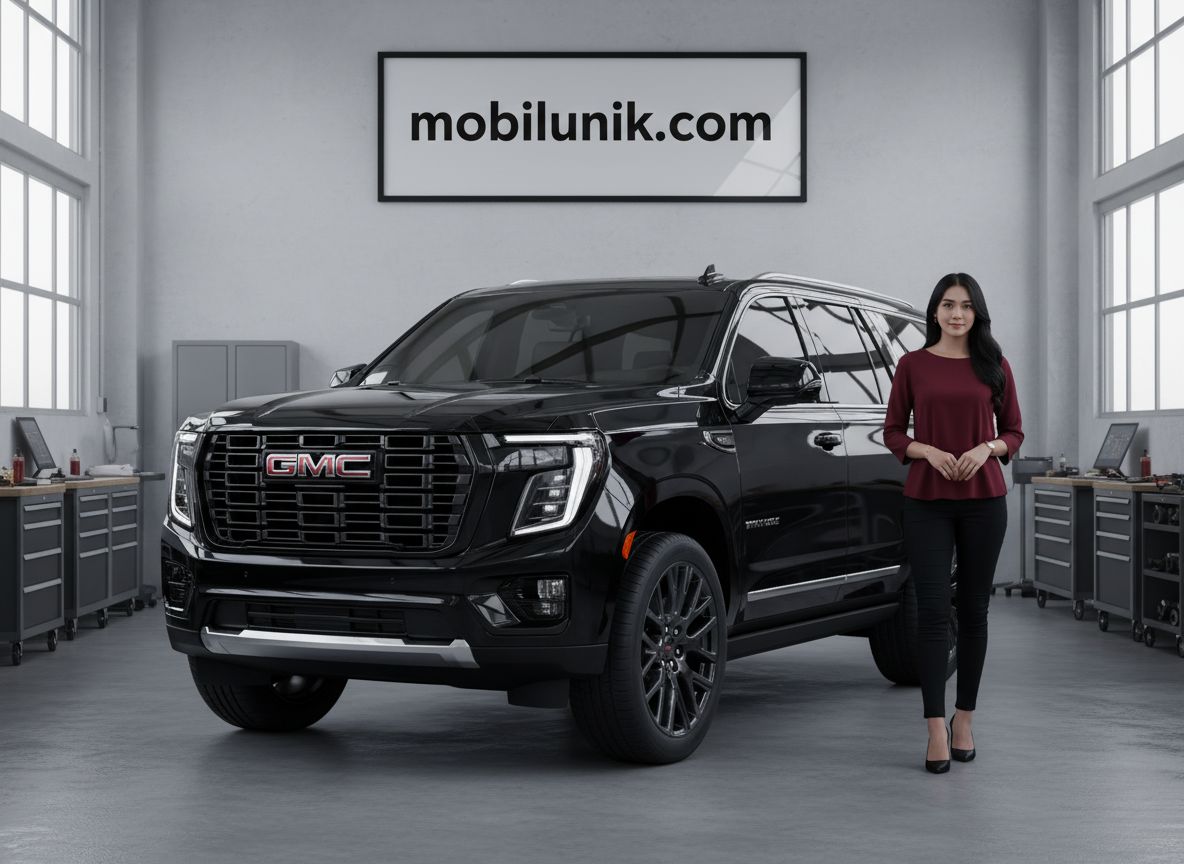 Tampilan gagah GMC Yukon Denali 2025 berwarna hitam metalik dengan lampu DRL menyala, diparkir di sebuah showroom mobil mewah di Indonesia.