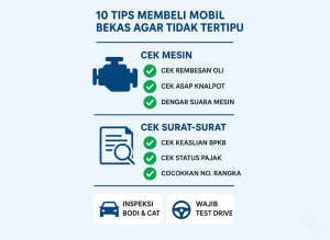 Infografis 10 tips membeli mobil bekas agar tidak tertipu, menampilkan pengecekan mesin dan surat-surat.