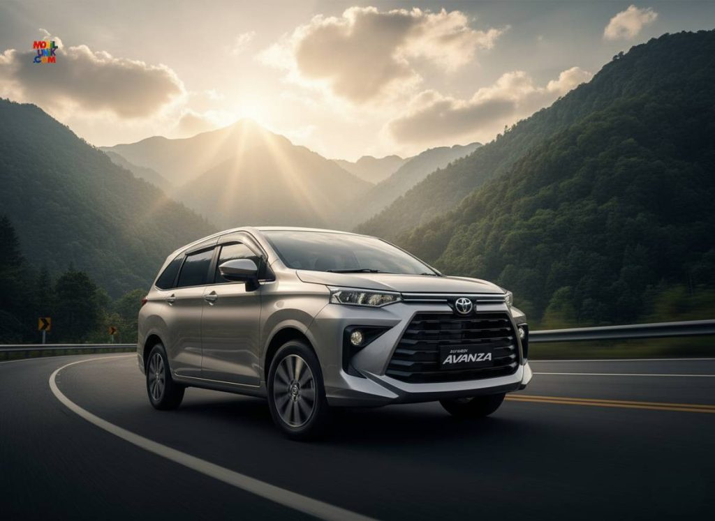 Ilustrasi Toyota Avanza melaju di jalan pegunungan, siap untuk petualangan keluarga di Palopo.